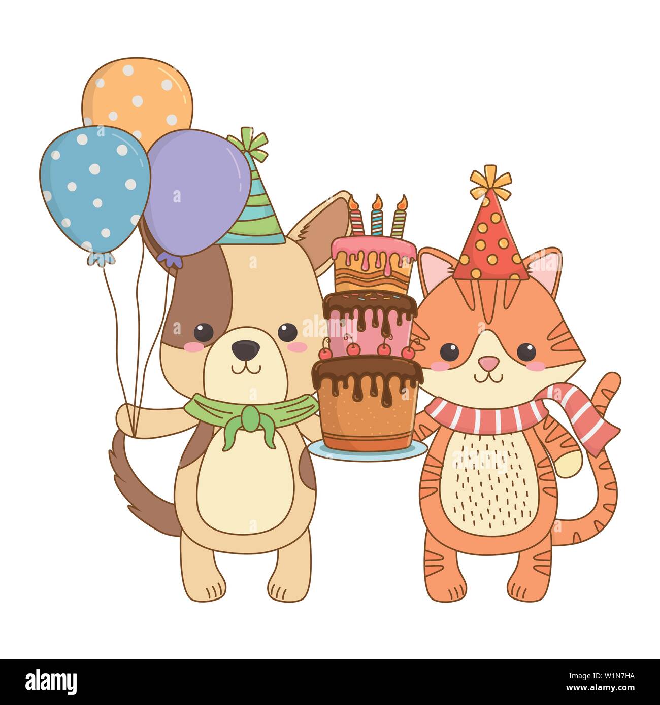 Cartoons mit Kuchen Design, Tier happy birthday Feier Dekoration und Überraschung Thema Vector Illustration Stock Vektor