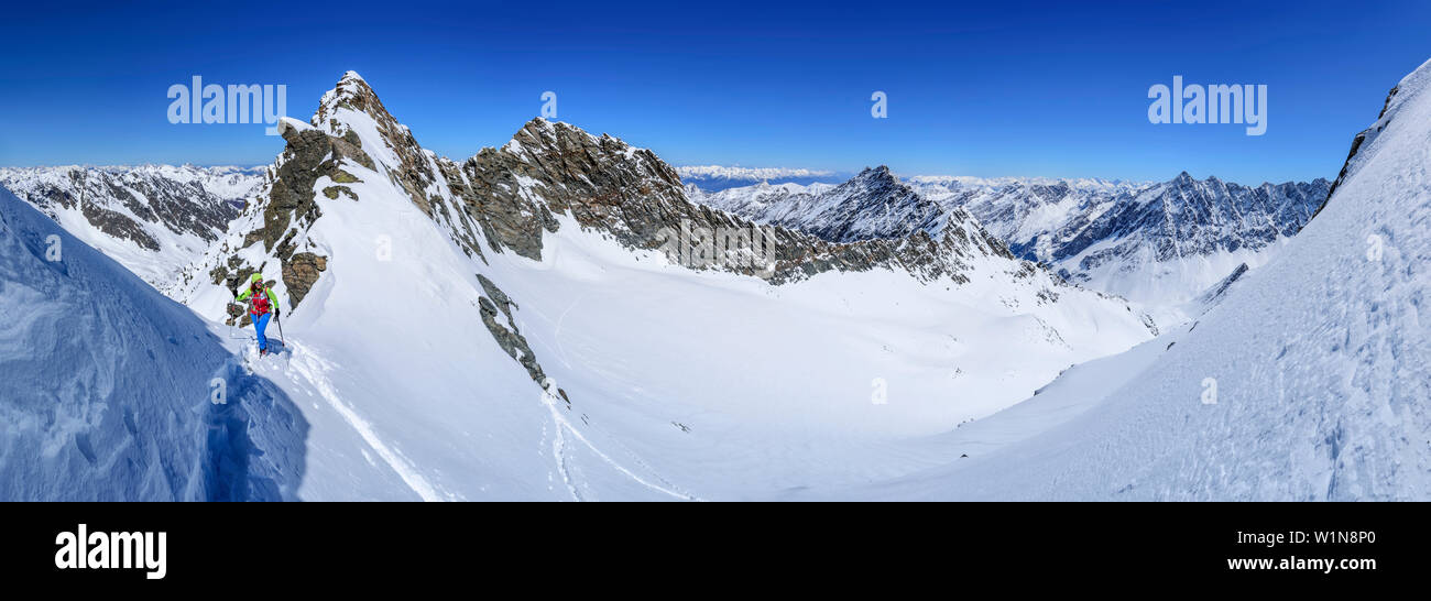 Panorama mit Frau back-country skiing aufsteigend zu Winnebacher Weisserkogel, Winnebacher Weisserkogel, Sellrain, Stubaier Alpen, Tirol, Österreich Stockfoto