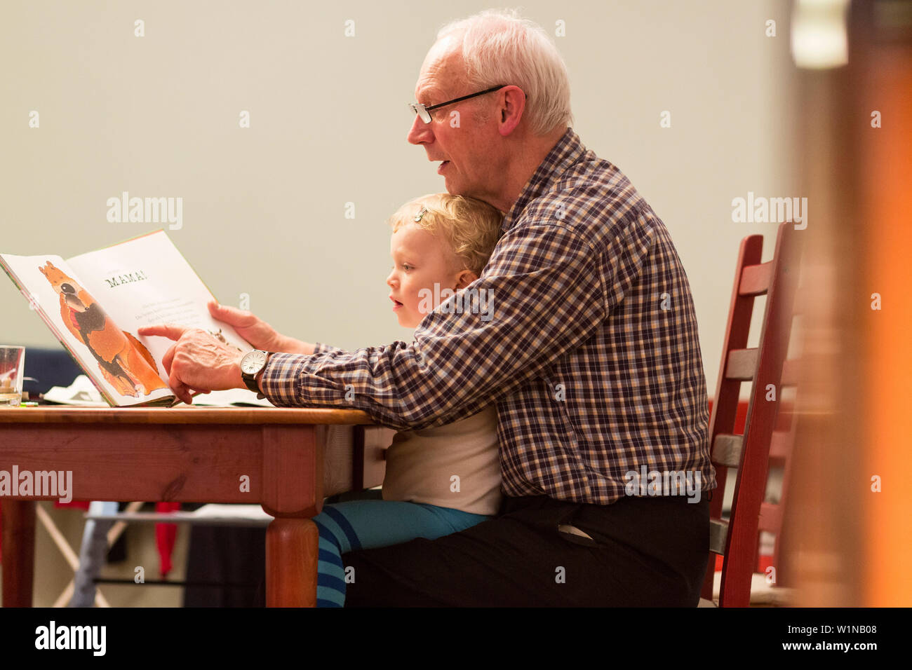 Großvater, ein Buch zu lesen, um Enkel, Leipzig, Sachsen, Deutschland Stockfoto