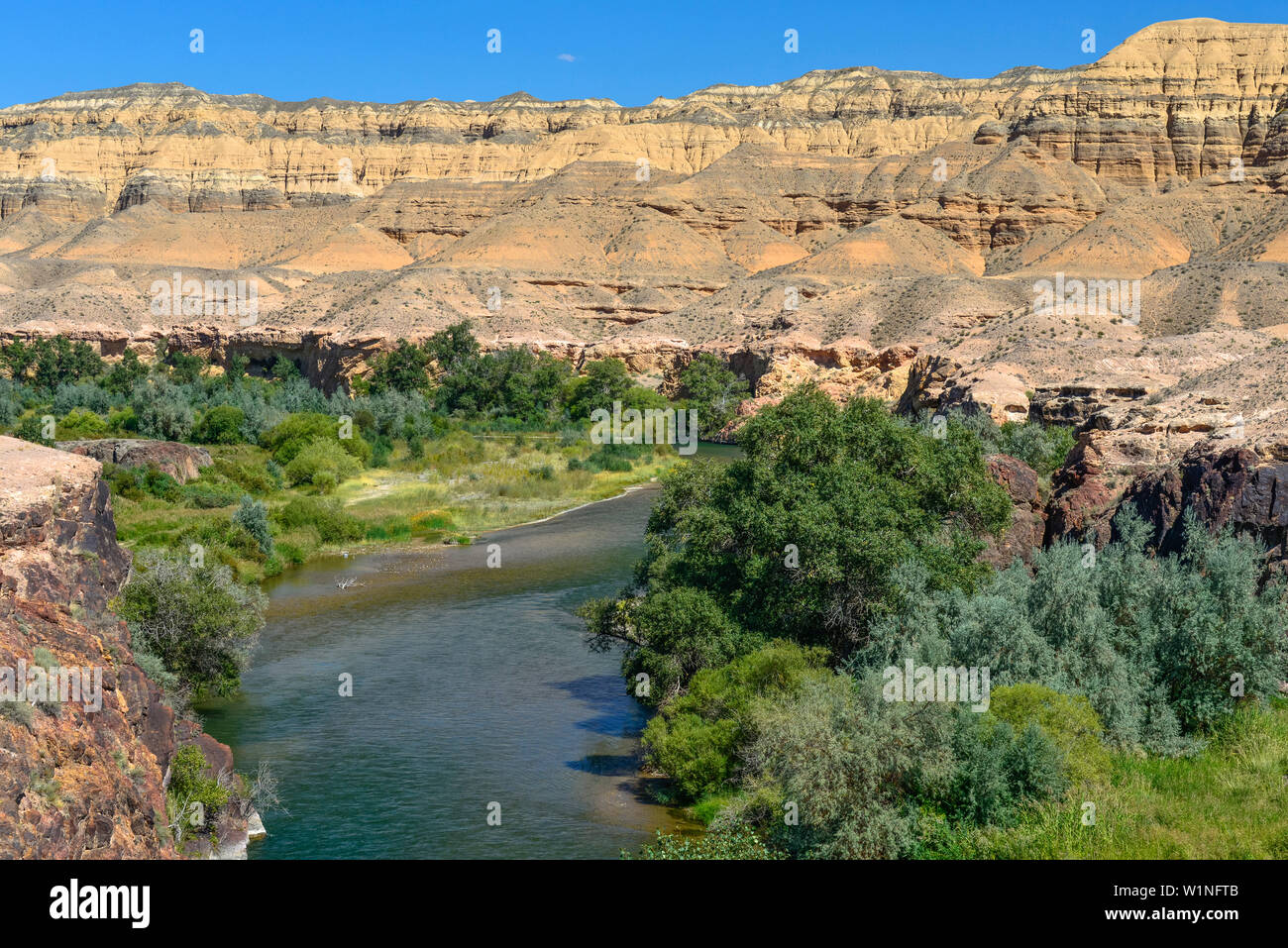 River Bank von Sharyn, Sharyn Canyon, Sharyn Nationalpark, Almaty, Kasachstan, Zentralasien, Asien Stockfoto