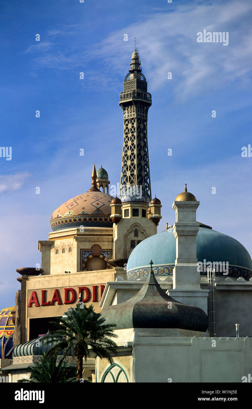 Skyline von Las Vegas, Aladdin, Paris Paris Hotels und Ressorts, Las Vegas Boulevard, Las Vegas, Nevada, USA Stockfoto