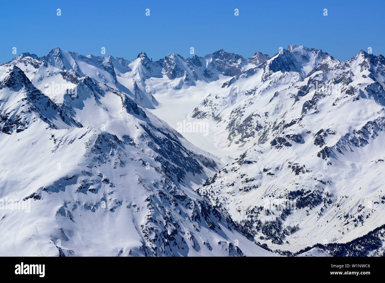 Tal der Val di Forno in der Berninagruppe, Aussicht vom Piz Lagrev, Oberhalbstein Alpen, Engadin, Kanton Graubünden, Schweiz Stockfoto