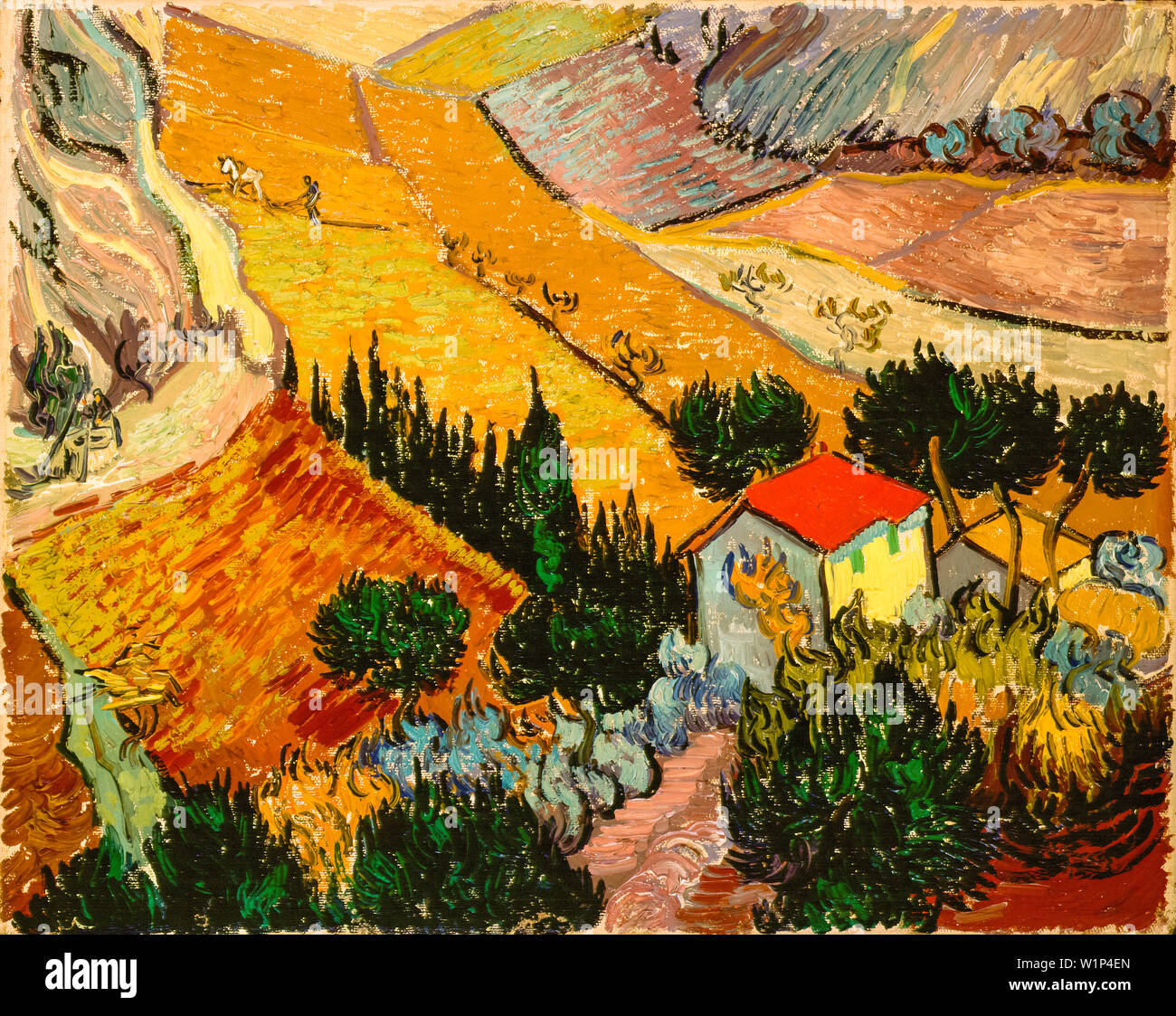 Vincent Van Gogh, Landschaft mit Haus und Pflüger, Landschaftsmalerei, 1889 Stockfoto