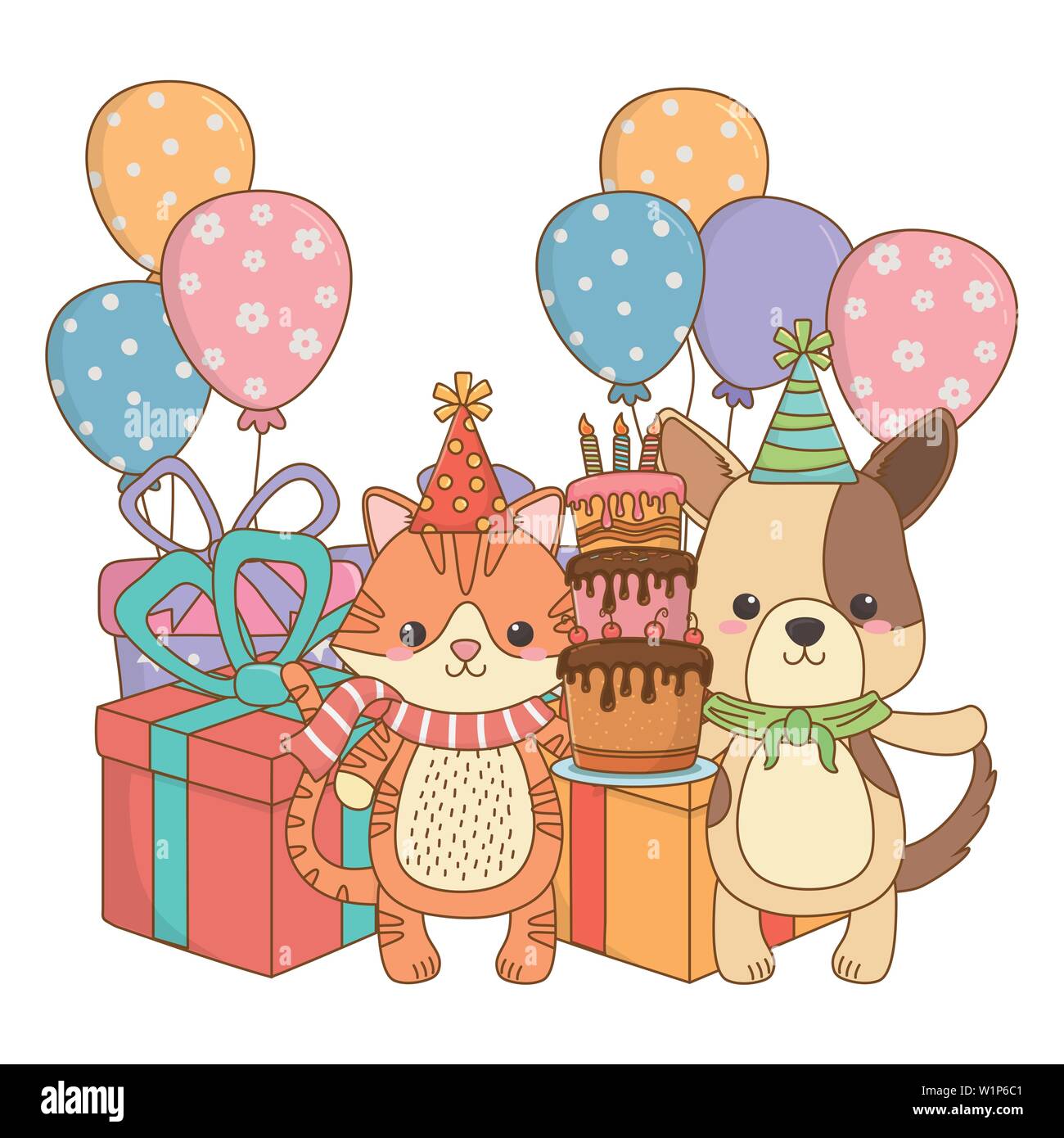 Cartoons mit Kuchen Design, Tier happy birthday Feier Dekoration und Überraschung Thema Vector Illustration Stock Vektor