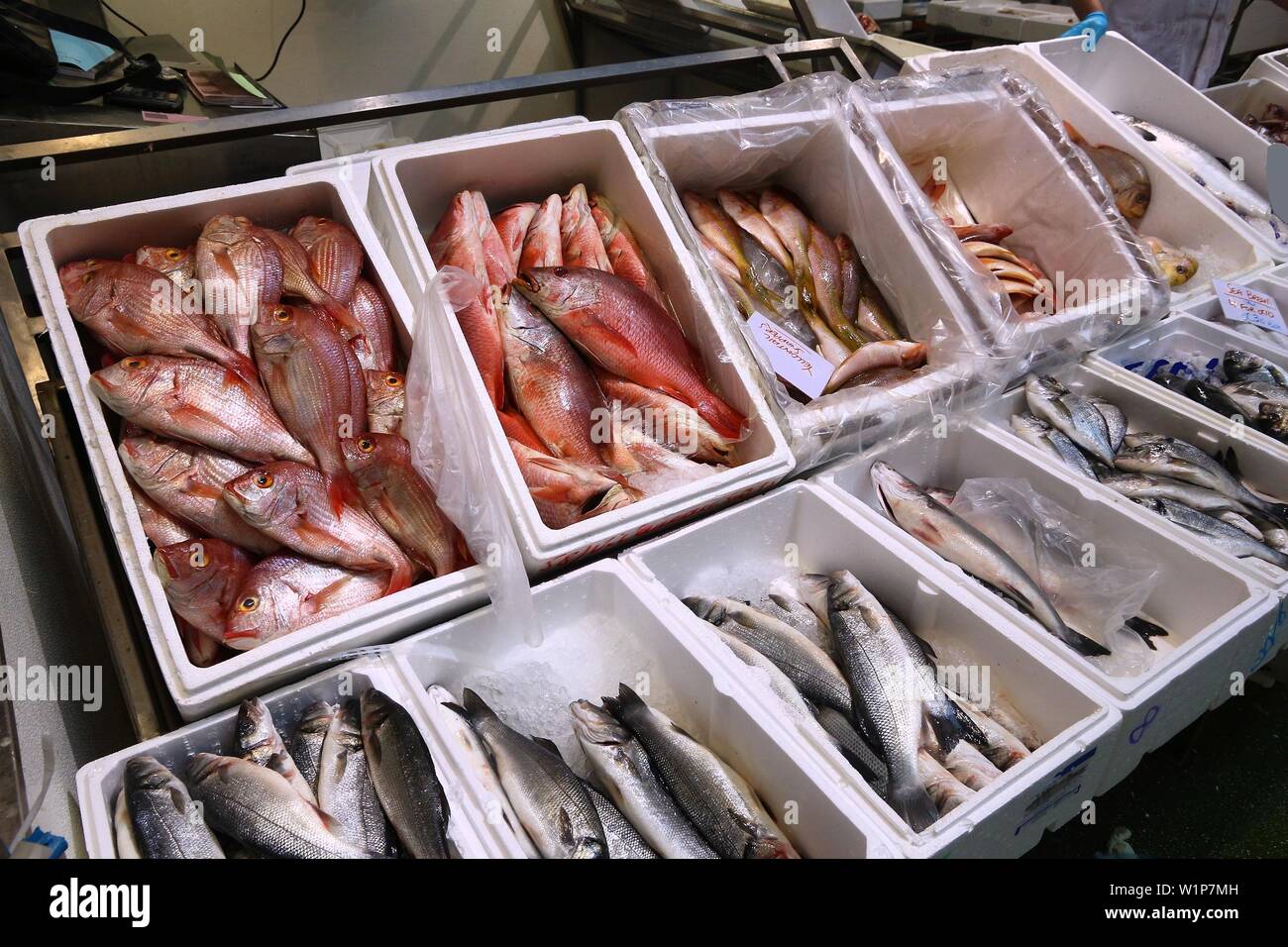Sea Food auf Billingsgate Fish Market in Pappel, London, UK. Stockfoto