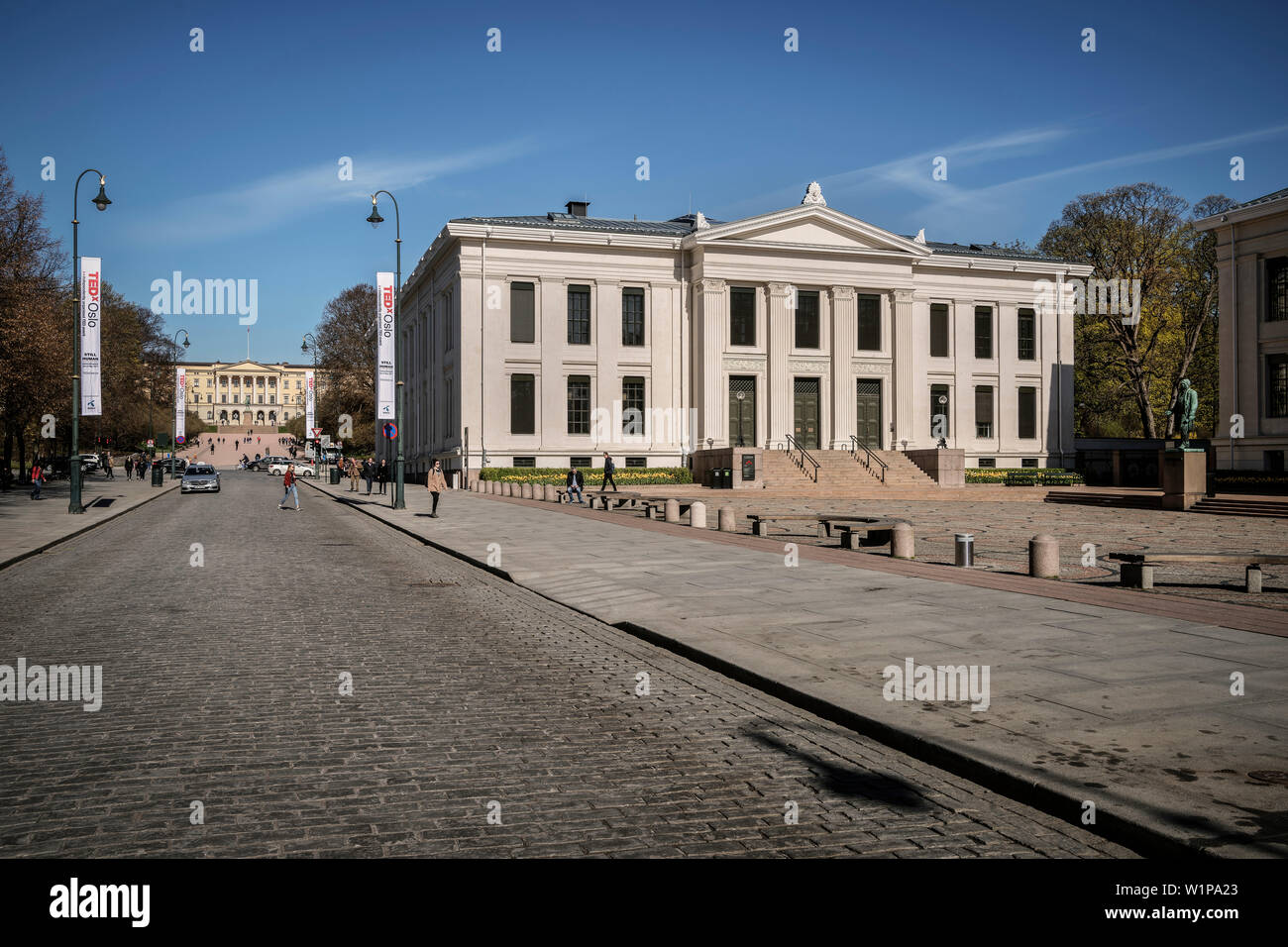 Universitetsplassen auf der Karl Johans Gate mit Blick auf Kongelige Slott, Oslo, Norwegen, Skandinavien, Europa Stockfoto