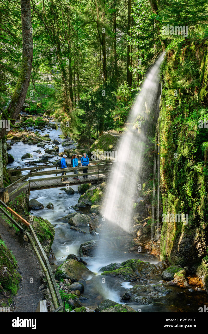 Drei Personen stehen auf Brücke und Blick auf den Wasserfall in Menzenschwand Menzenschwand, Wasserfall, Albsteig, Schwarzwald, Baden-Wuerttemberg, Stockfoto