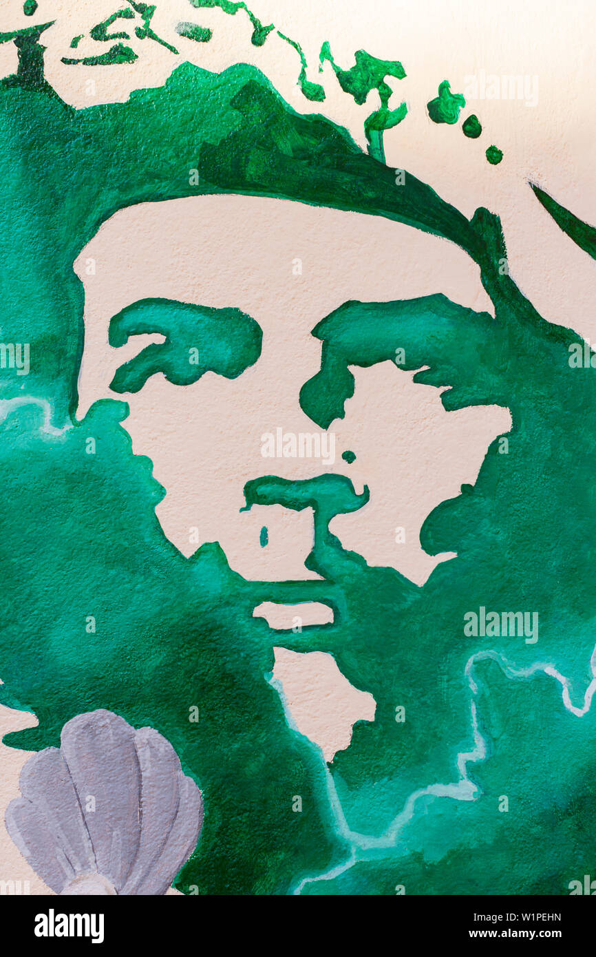 Bild von Ernesto Che Guevara, der Führer der Kubanischen Revolution, Graffiti im Stadtzentrum, Altstadt, Habana Vieja, Havanna, Kuba, Karibik insel Stockfoto