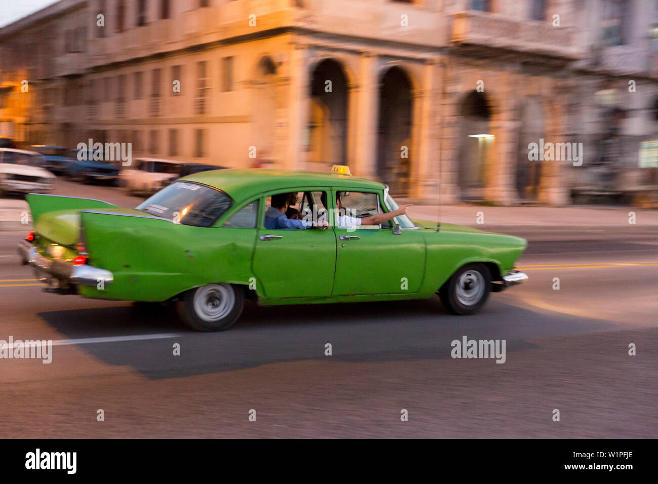 Grün Oldtimer, Touristen, am Malecon, Taxi, historische Altstadt, Zentrum, Altstadt, Habana Vieja, Habana Centro, Familienreisen, Reisen nach Kuba, Urlaub, t Stockfoto