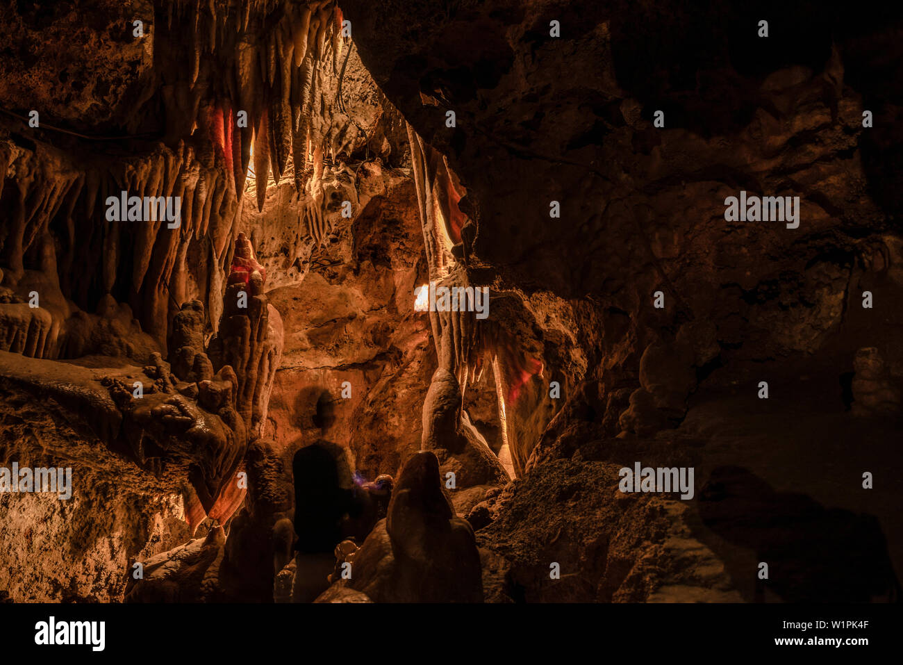 Stalaktiten und Stalagmiten beleuchtet in einer Höhle, Grotte de Saint-Cezaire, Provence-Alpes-Cote d'Azur, Frankreich Stockfoto