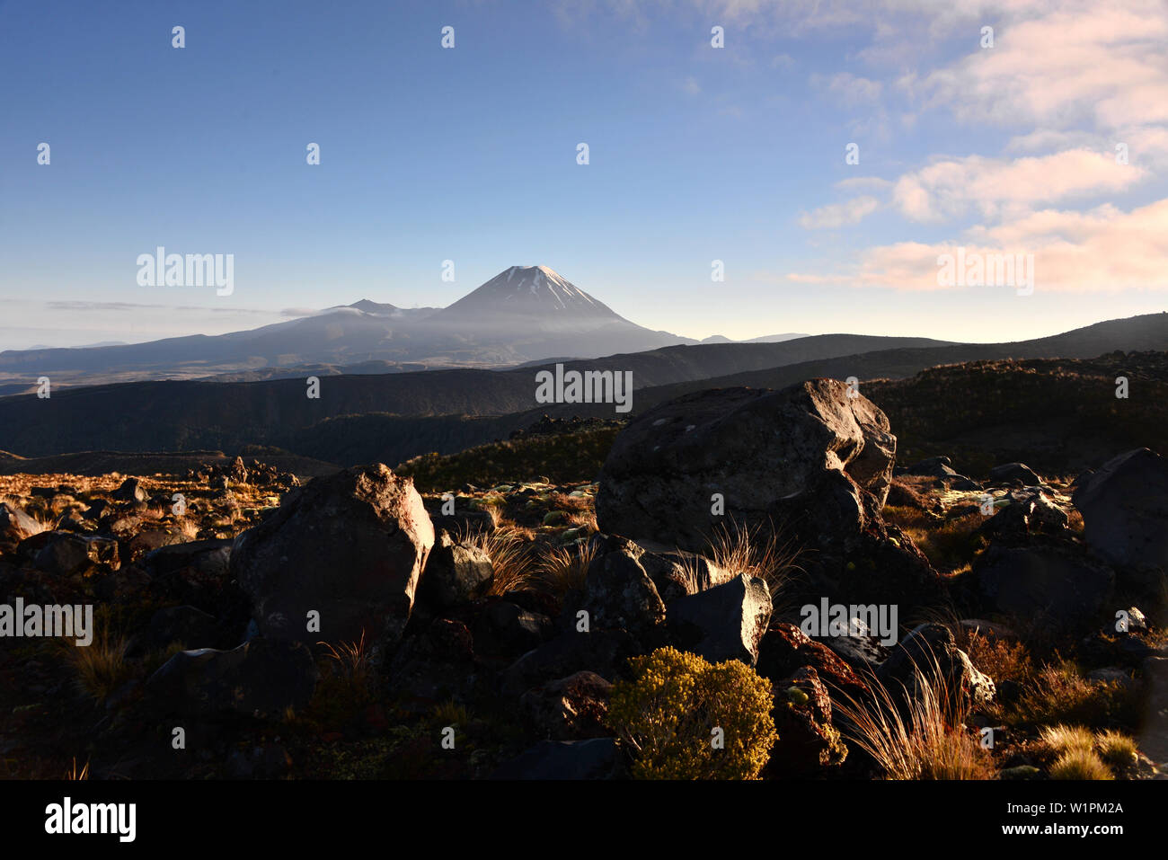 Aussicht auf den Vulkan Ngauruhoe, Tongariro National Park, North Island, Neuseeland Stockfoto