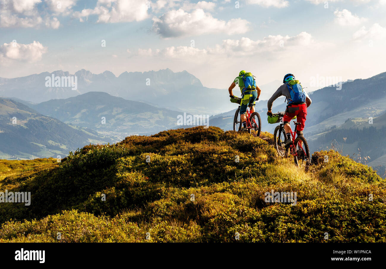 Zwei Mountainbiker sind Reiten über eine bewachsene Hügel in den Kitzbüheler Alpen, Gebirge Wilder Kaiser im Hintergrund, Kirchberg, Tirol, Österreich Stockfoto