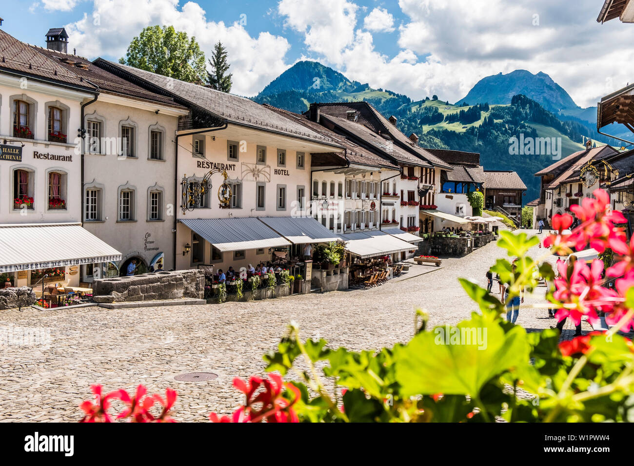 Das Dorf von Greyerz, Greyerzer, Fribourg, Schweiz Stockfoto