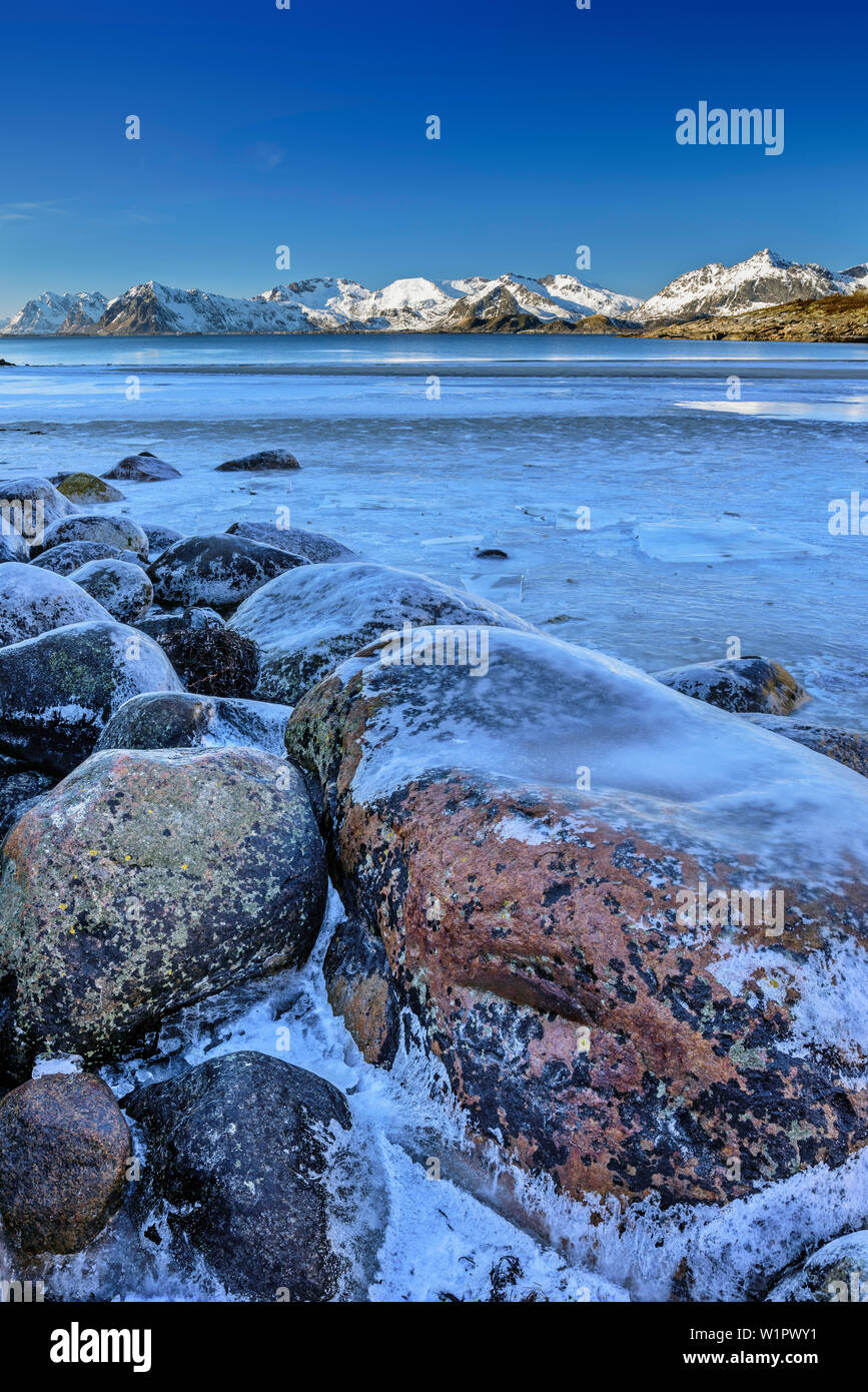 Vereisten Felsen am Strand mit schneebedeckten Bergen im Hintergrund, Lofoten, Nordland, Norwegen Stockfoto