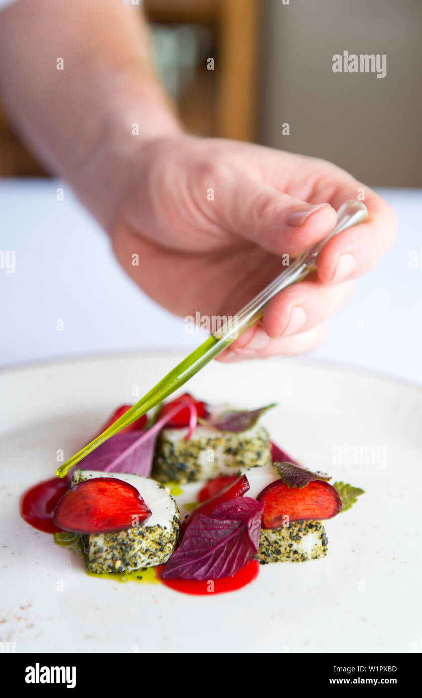 Chef setzt letzten Schliff Schwertfisch mit Pflaumen zu Sashimi Stockfoto