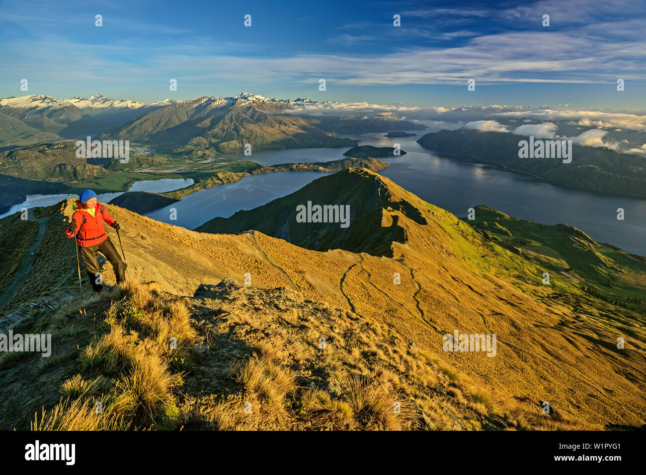 Frau aufsteigender Richtung Roys Peak, Lake Wanaka und Mount Aspiring im Hintergrund, von Roys Peak, Harris Mountains, Mount Aspiring National Park, Uneso Stockfoto