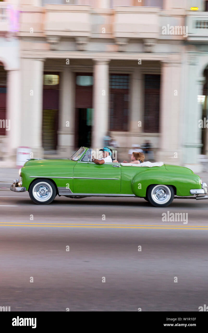 Grün Oldtimer, Cabrio, Touristen, Malecon entlang fahren, Taxi, historische Altstadt, Zentrum, Altstadt, Habana Vieja, Habana Centro, Familienreisen, Reisen nach Kuba, Stockfoto