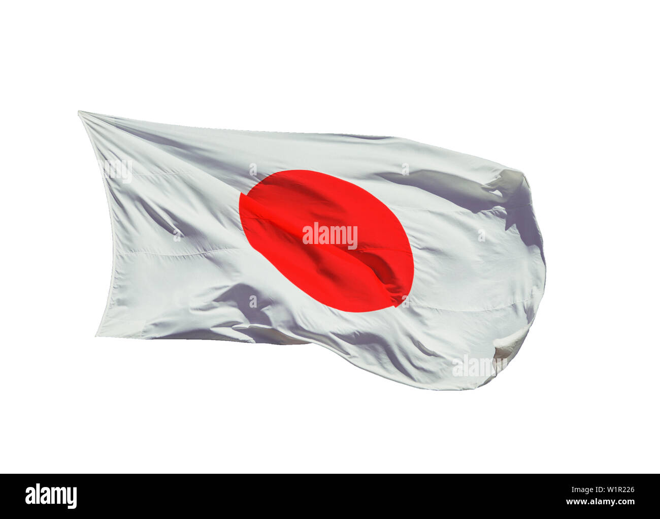 Die Nationalflagge von Japan mit der roten Sonne winken im Wind (auf weißem Hintergrund) Stockfoto