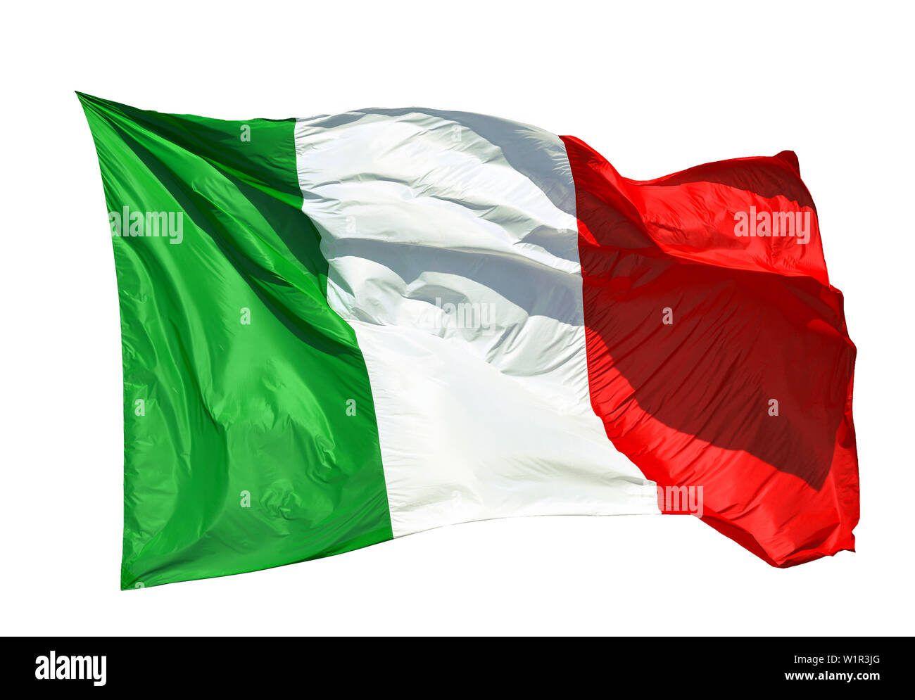 Italienische Flagge im Wind flattern. Grün, Weiß, Rot sind nationale italienische Farben (auf weißem Hintergrund) Stockfoto