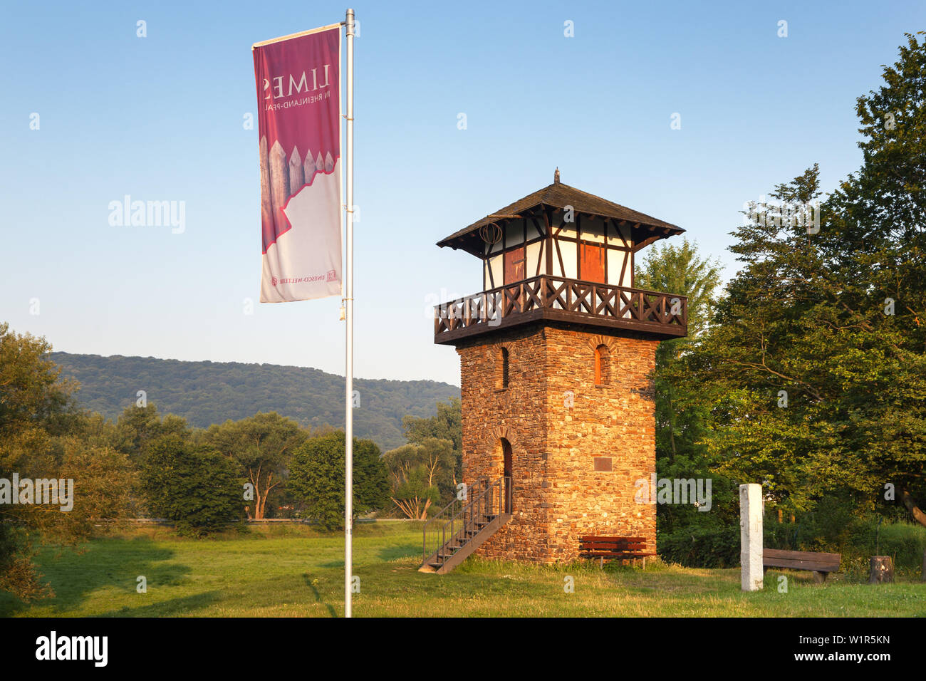 Limes Watch Tower-1 am Beginn des Limes in Rheinbrohl am Rhein, unteren, mittleren Rheintal, Rheinland-Pfalz, Deutschland, Europa Stockfoto