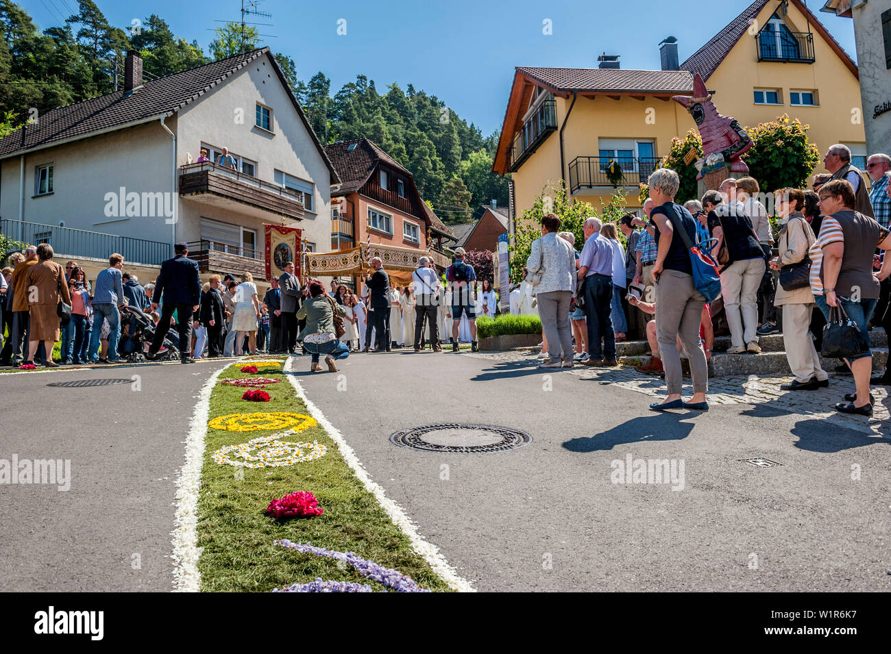 Fronleichnam Fronleichnam Prozession, Teppich von Blumen, Sipplingen, Bodensee, Baden-Württemberg, Deutschland, Europa Stockfoto