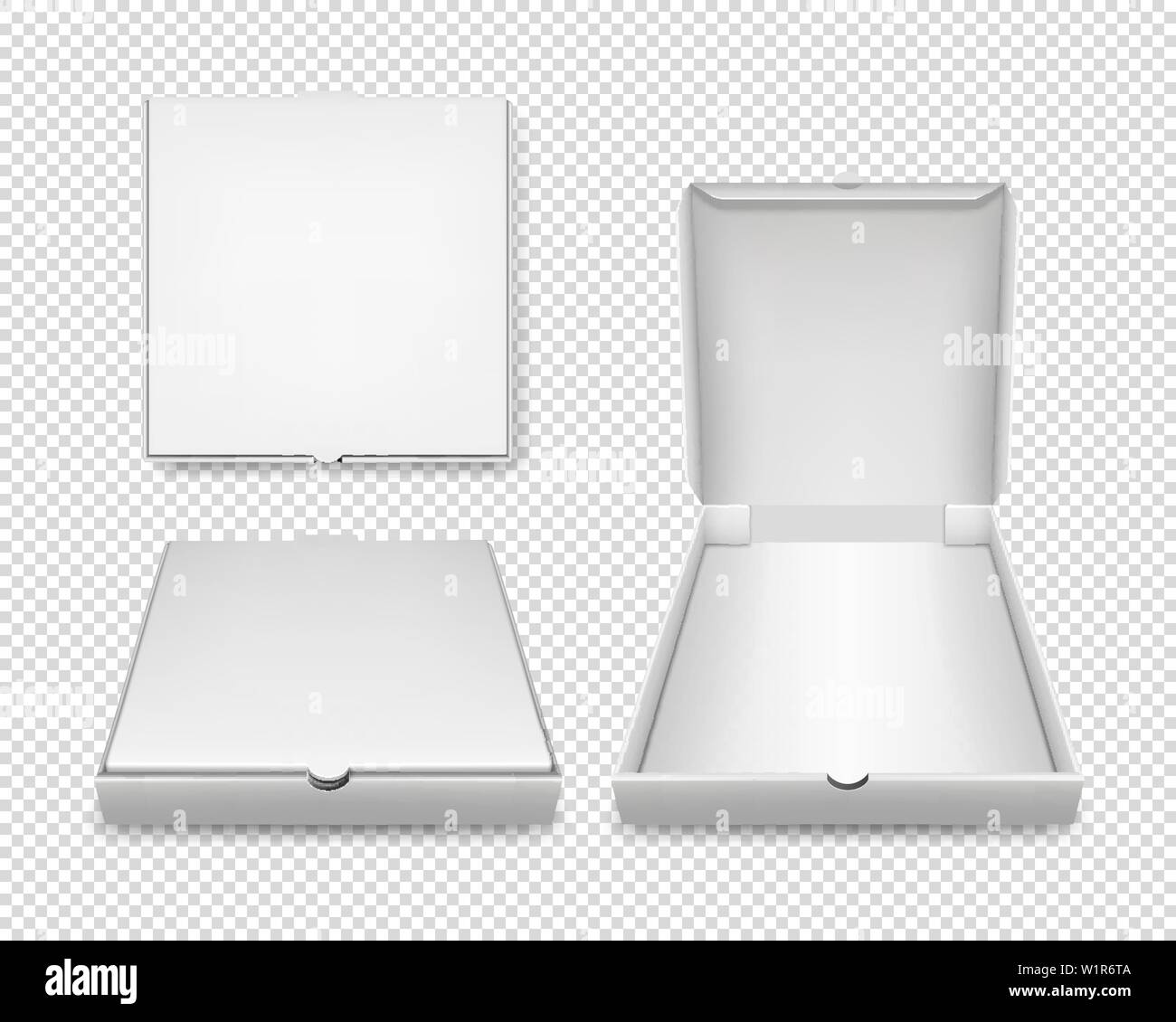 Vector 3d Realistische leere weiße geschlossen und geöffnet Pizza Box Schablone Closeup isoliert auf Transparenten Hintergrund. Mockup für Logo, Corporate Design Stock Vektor