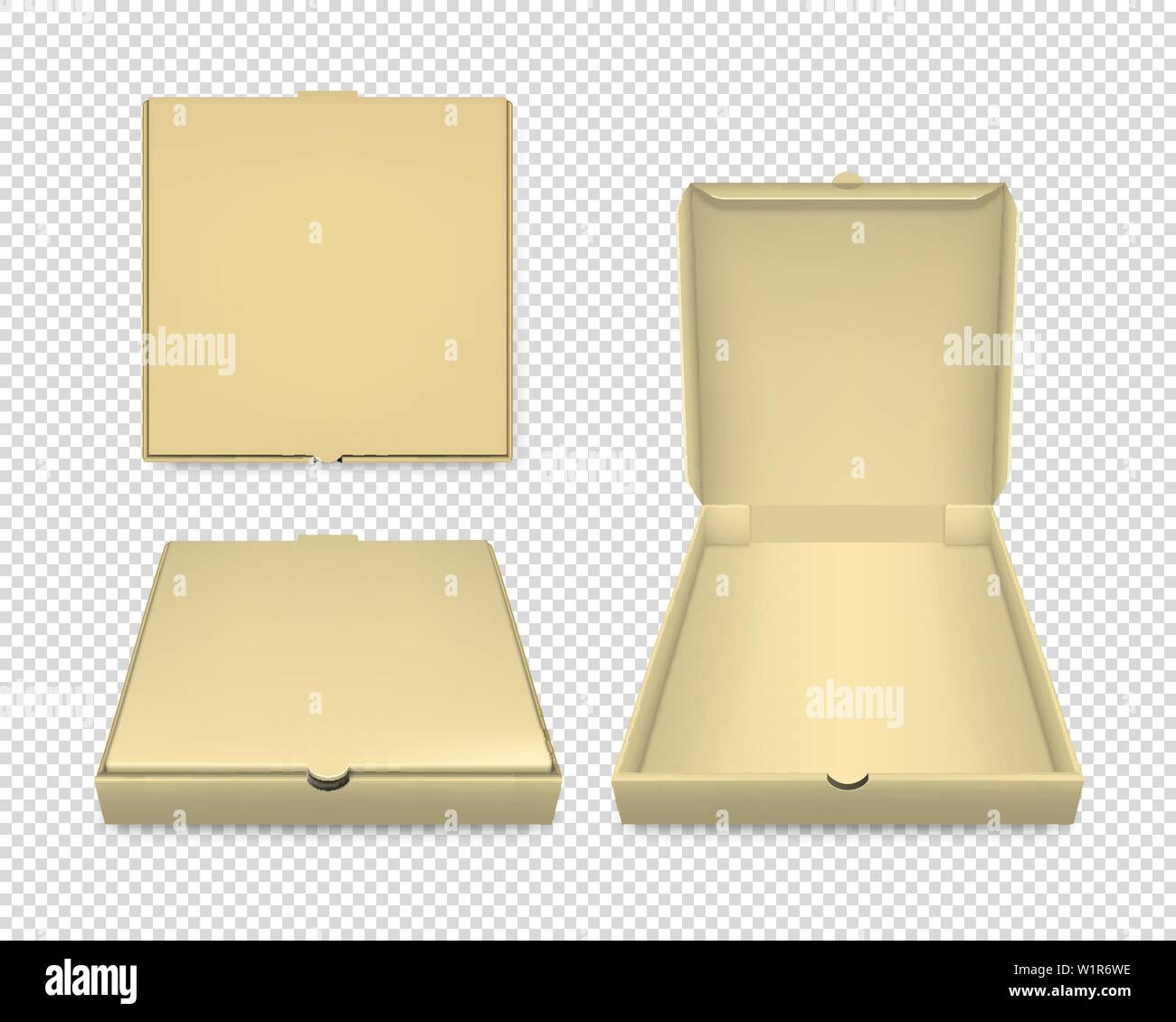 Vector 3d Realistische Leer braun Handwerk Papier geschlossen und geöffnet Pizza Box Schablone Closeup isoliert auf Transparenten Hintergrund. Mockup für Logo Stock Vektor