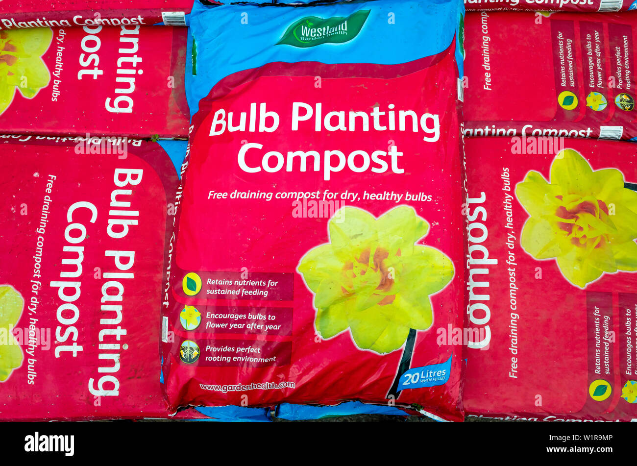 Ein Stapel von Taschen von Westland Glühlampe Einpflanzen Kompost in einem Gartencenter beschriftet - Kostenlose entleeren Kompost für trockene gesunde Zwiebeln Stockfoto