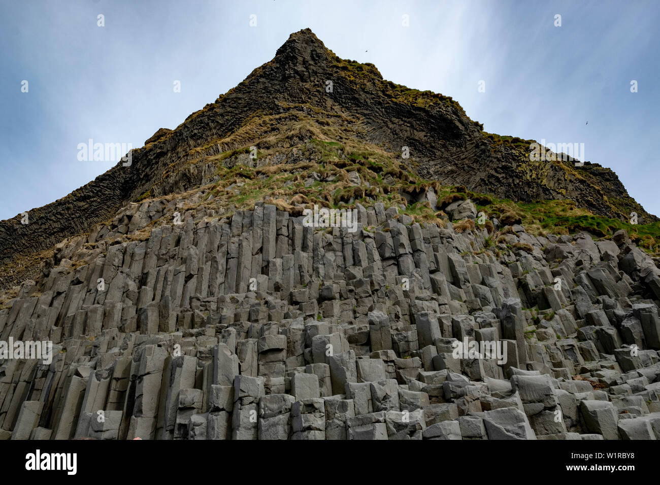 Ungewöhnliche Felsformationen am schwarzen Sandstrand von Reynisfjara, Island Stockfoto