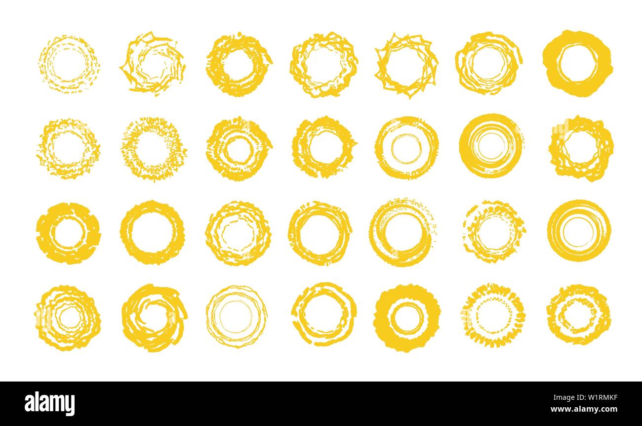 Sun Symbole gesetzt. Sonnigen Sommer logo Vorlage Sammlung. Hand Zeichenstil, Grunge gelb Formen. Vektor isoliert Abbildungen auf weißem Hintergrund. Stock Vektor