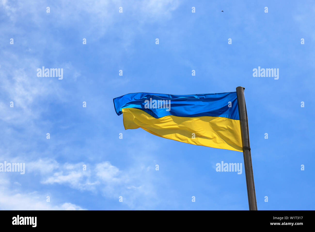 Flagge der Ukraine fliegt in den blauen Himmel. Gelb Blau ukrainische Flagge. Tag der Unabhängigkeit, Verfassung, nationaler Feiertag Stockfoto