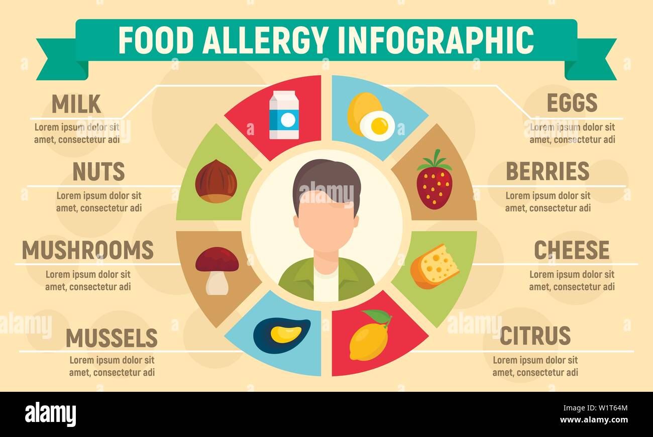 Nahrungsmittelallergie Infografik. Flache Darstellung der nahrungsmittelallergie Vektor Infografik für Web Design Stock Vektor