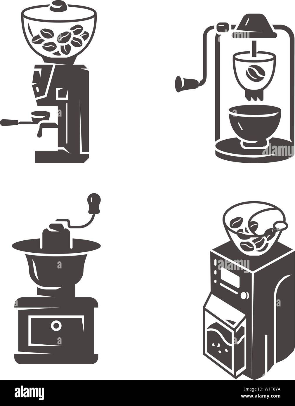 Kaffeemühle Symbole gesetzt. Einfache Kaffeemühle Vector Icons für Web Design auf weißem Hintergrund Stock Vektor