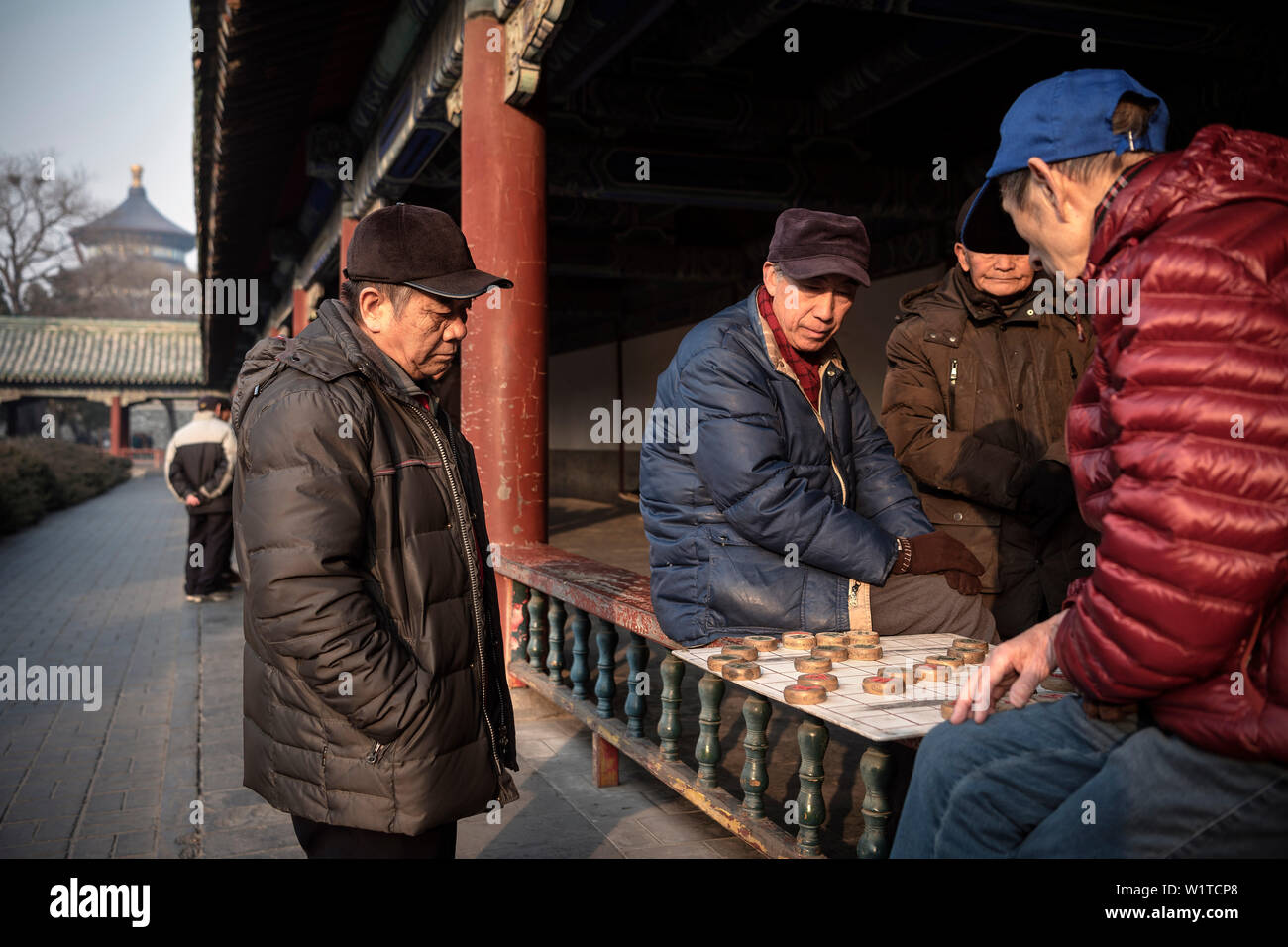 Die chinesischen Männer spielen brettspiel im Tempel des Himmels Park, Peking, China, Asien, UNESCO Weltkulturerbe Stockfoto