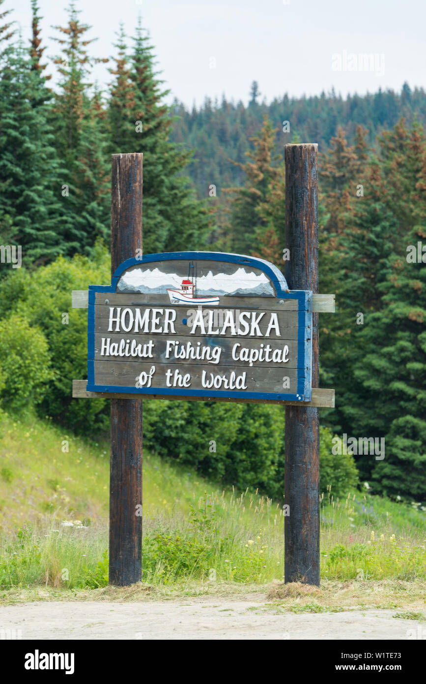 Schild am Stadtrand von Homer, Kenai Halbinsel, Alaska, USA Stockfoto