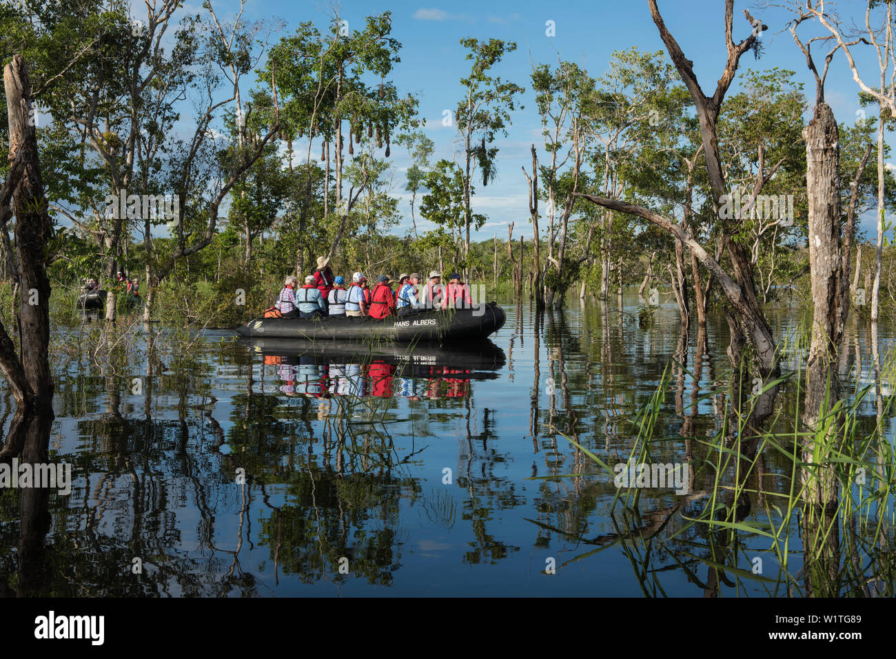 Passagiere in einem Tierkreis aus der Expedition Kreuzfahrtschiff MS Hanseatic (Hapag-Lloyd Kreuzfahrten) entdecken Sie eine überfluteten Gebiet entlang des Amazonas, Jutai, Amazon Stockfoto