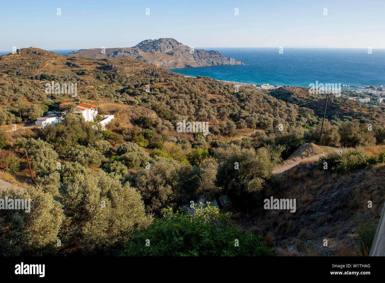 Blick von Mirthios in Richtung Plakias, Küstenlandschaft, Mirthios, Kreta, Griechenland, EuropeCrete, Griechenland, Europa Stockfoto