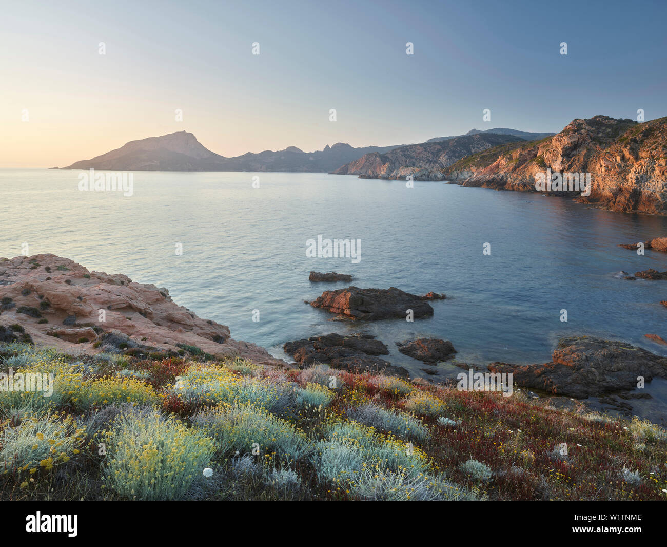 Abendstimmung am Capu rossu, D'ARONE, Korsika, Frankreich Stockfoto