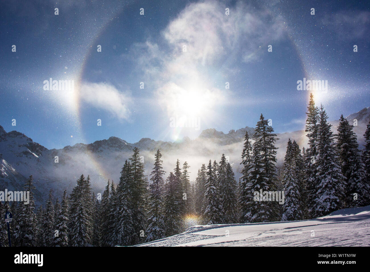 Deutschland, Bayern, Alpen, Oberallgaeu, Oberstdorf, Winterlandschaft, Winterurlaub, Wintersport, Schnee, Berge, Sonne Reflexion und Berg Panora Stockfoto