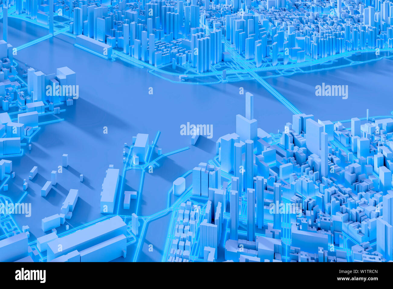 Techno Mega City; städtische und futuristische Technologie Konzepte, original 3D-Rendering Stockfoto