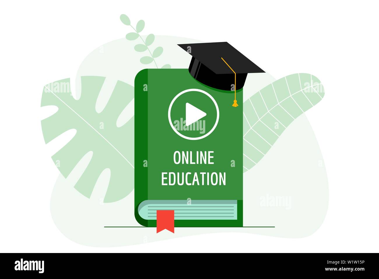 Online-Bildung mit Play-Video-Symbol auf grünen Cover-Buch und Graduate Cap. Academy hat auf e-Learning Studieren Hausaufgaben und Internet-Lehre Webinar-Konzept. Vektorgrafik flach Stock Vektor