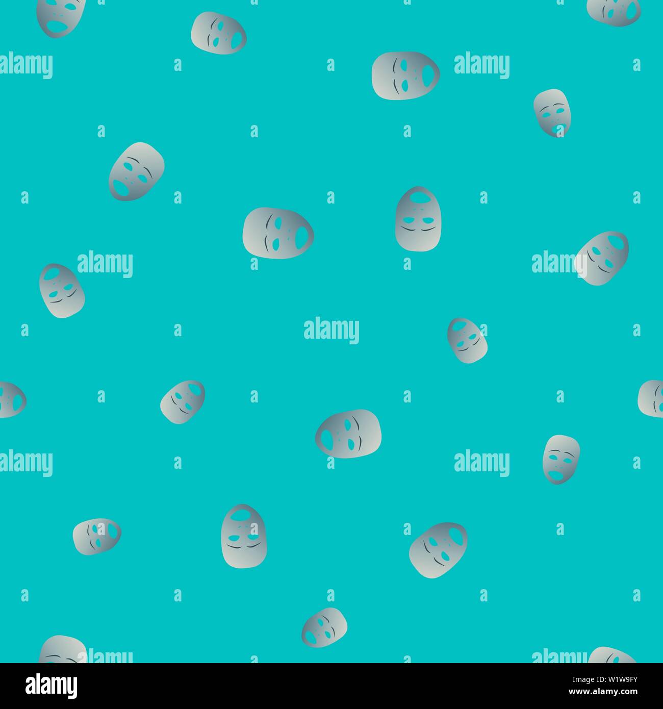 Nahtlose Muster des theatralischen Maske mit traurigen Emotionen. Vector Illustration. Silber Maske mit Farbverlauf auf Türkisfarbenem Hintergrund. Stock Vektor