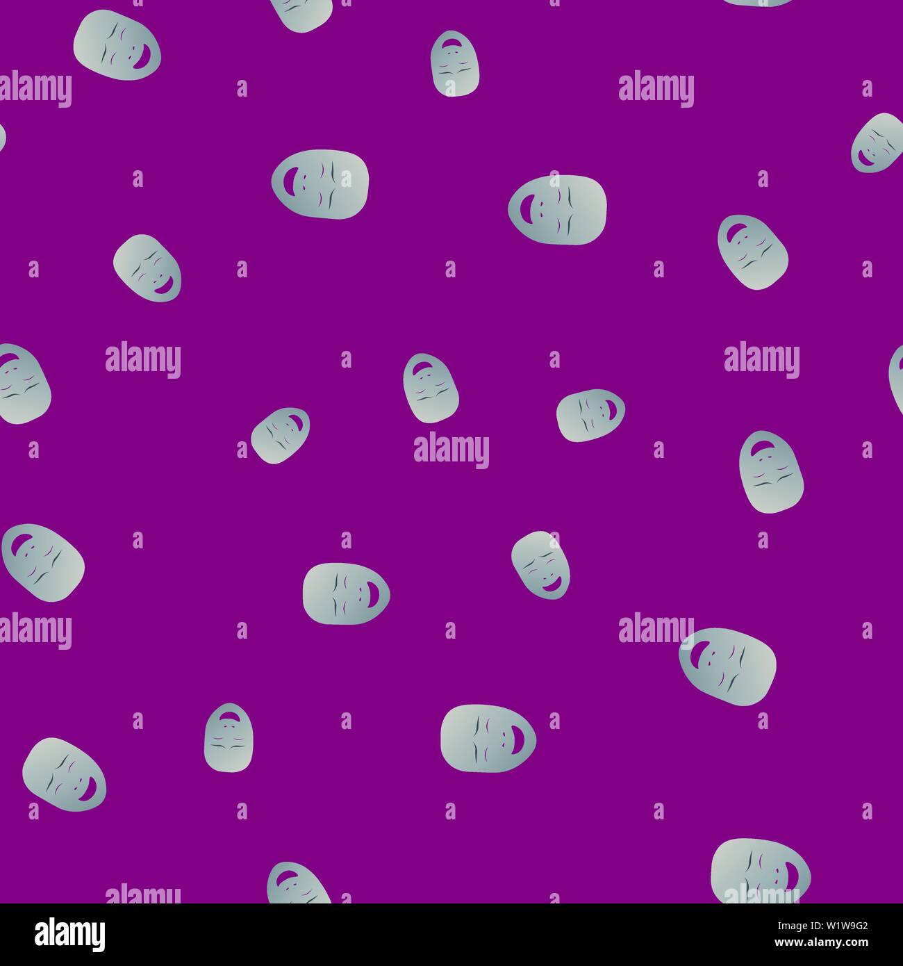 Nahtlose Muster des theatralischen Maske mit glücklichen Gefühl. Vector Illustration. Silber Maske mit Farbverlauf auf lila Hintergrund. Stock Vektor