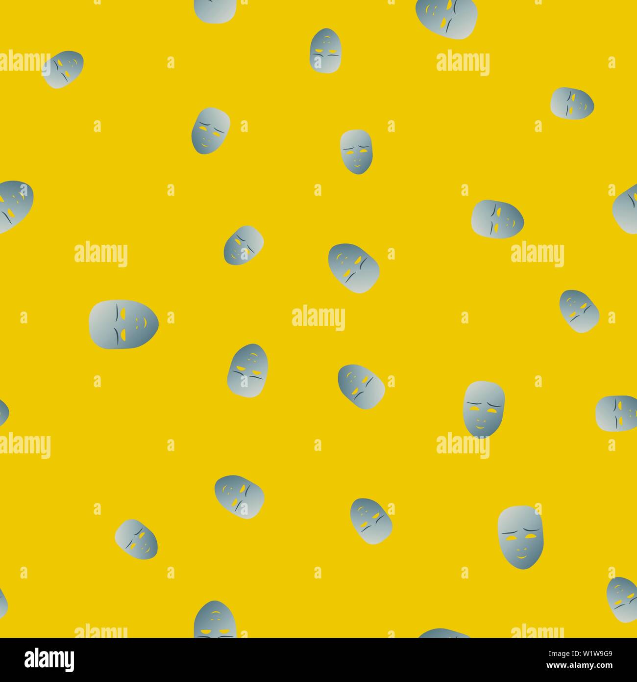 Nahtlose Muster des theatralischen Maske mit niedlichen Emotion. Vector Illustration. Silber Maske mit Farbverlauf auf gelben Hintergrund. Stock Vektor