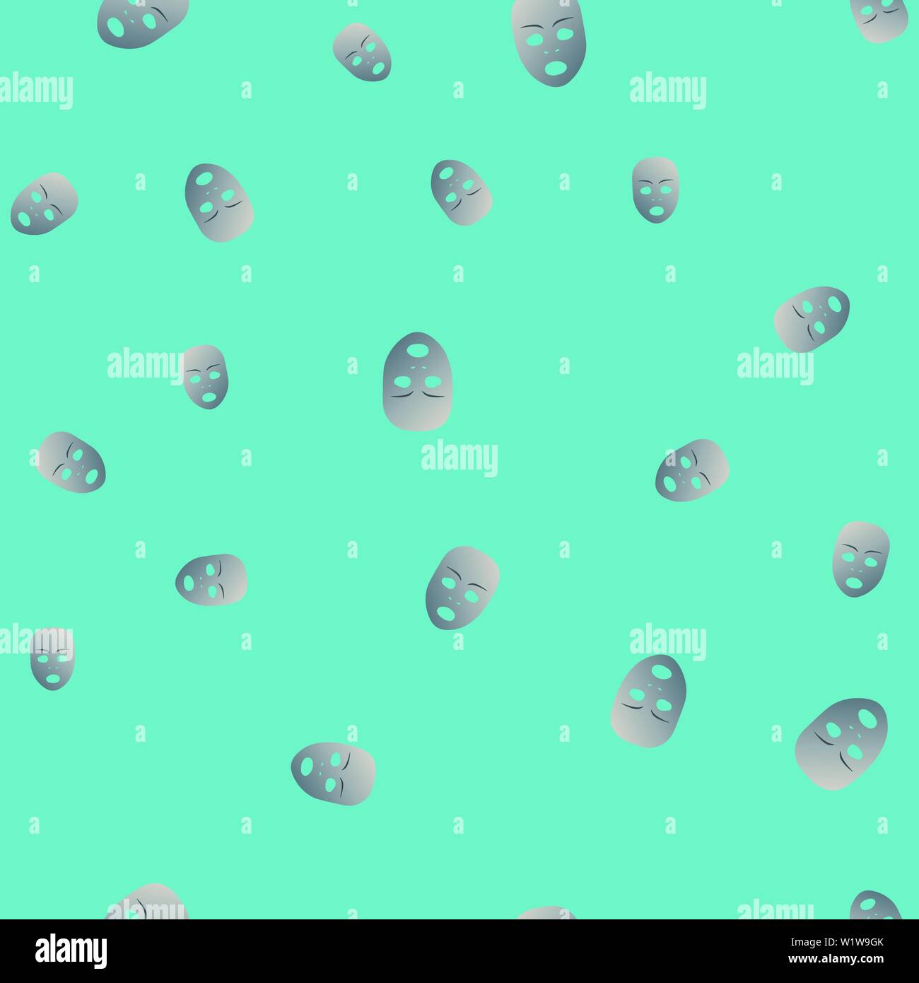 Nahtlose Muster des theatralischen Maske mit erstaunten Emotion. Vector Illustration. Silber Maske mit Farbverlauf auf Türkisfarbenem Hintergrund. Stock Vektor