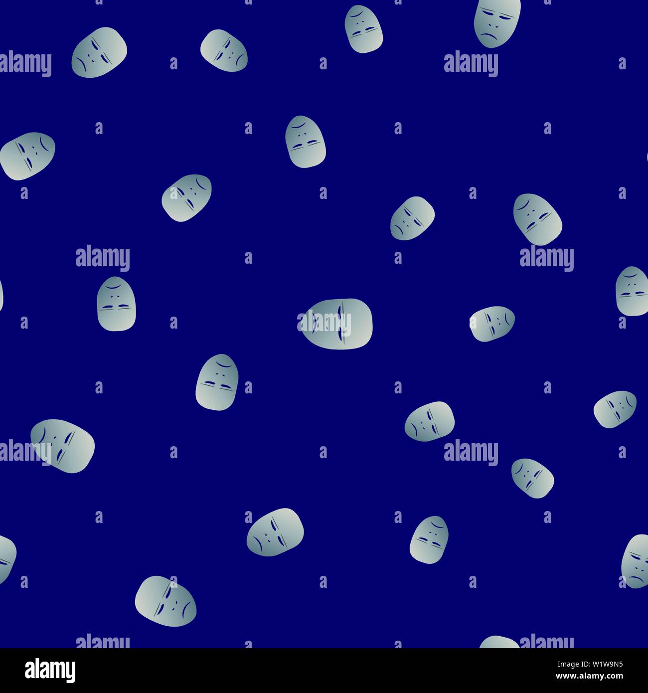 Nahtlose Muster des theatralischen Maske mit schmerzhaften Emotionen. Vector Illustration. Silber Maske mit Farbverlauf auf blauem Hintergrund. Stock Vektor
