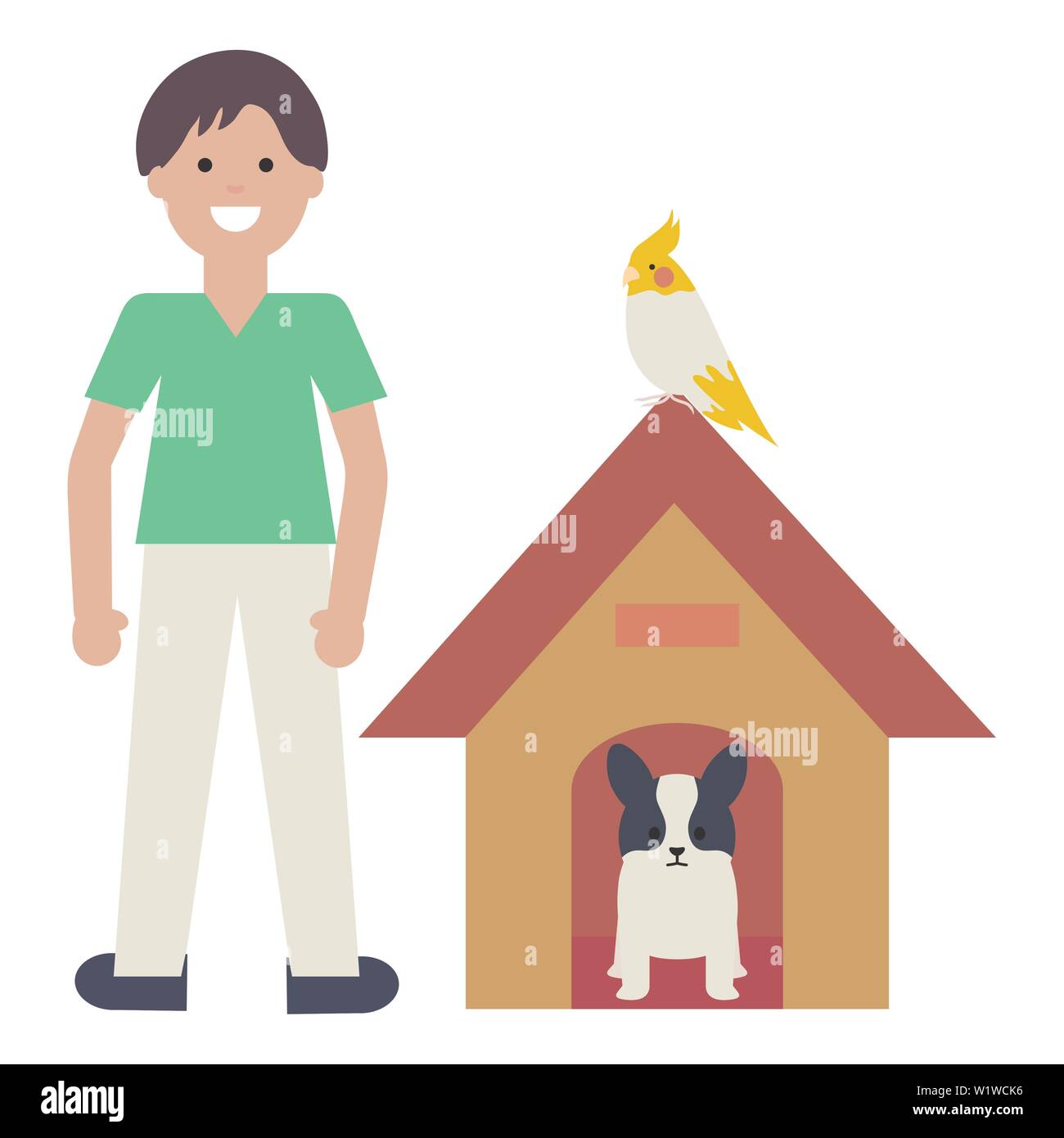 Junger Mann mit Hund und Vogel im Holzhaus Vector Illustration Design Stock Vektor