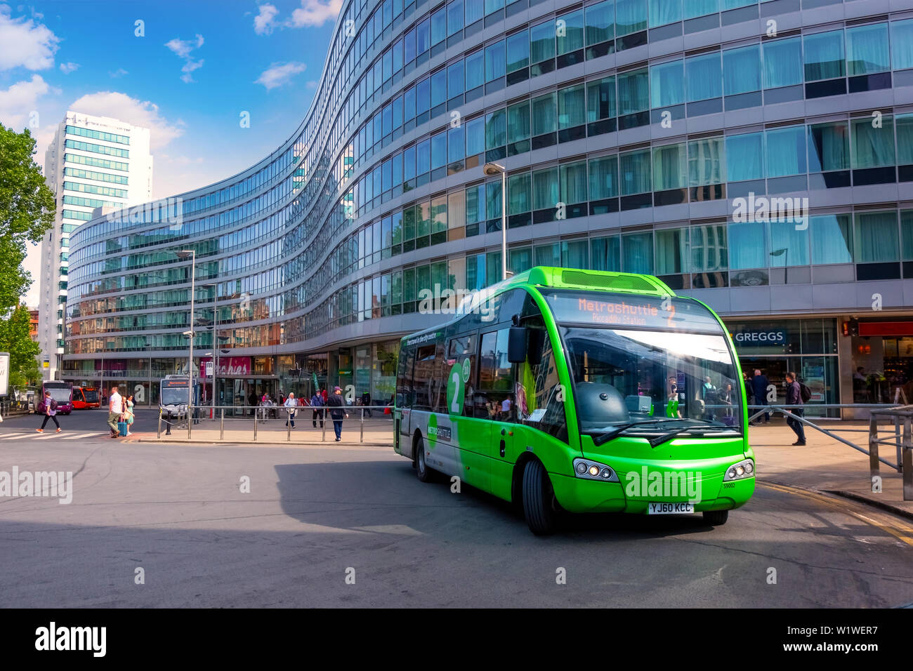 Manchester, Großbritannien - 18 Mai 2018: Metroshuttle sind Bussysteme in Greater Manchester betrieben mit drei Routen verbinden der Hauptstraße der Stadt, Fin Stockfoto