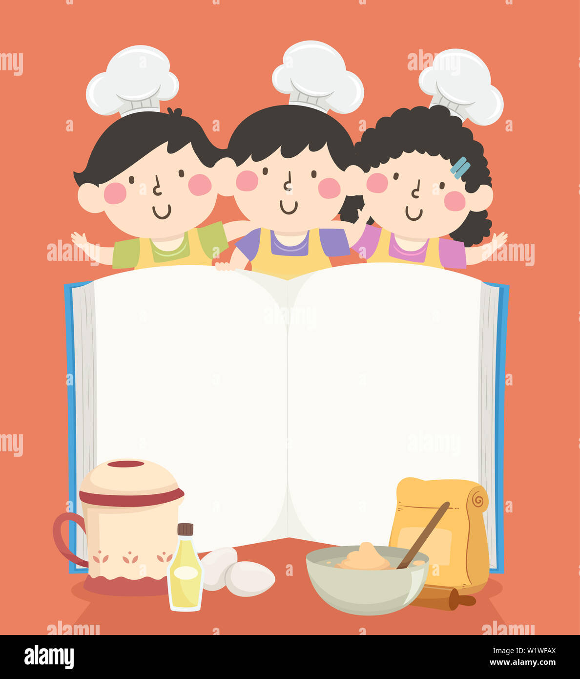 Abbildung: Konditor Kinder mit einem Offenen leeres Buch und Backzutaten Vor Stockfoto