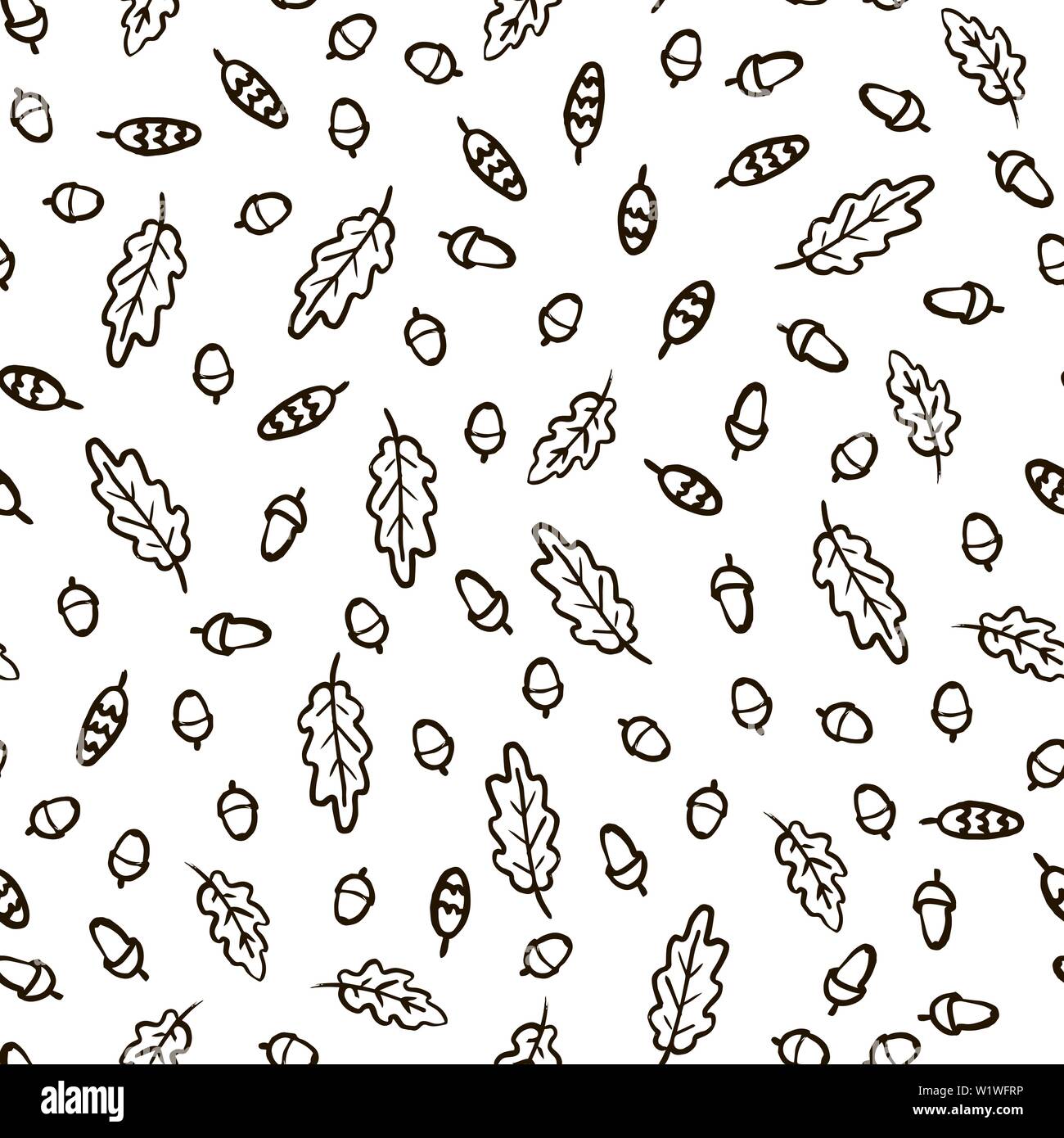 Hand zeichnen Herbst Eichenlaub Eicheln und Tannenzapfen Muster. Vektor endlose Hintergrund schwarz und weiße Blätter fallen. Vorlage für den Druck auf Stoff Wrappi Stock Vektor